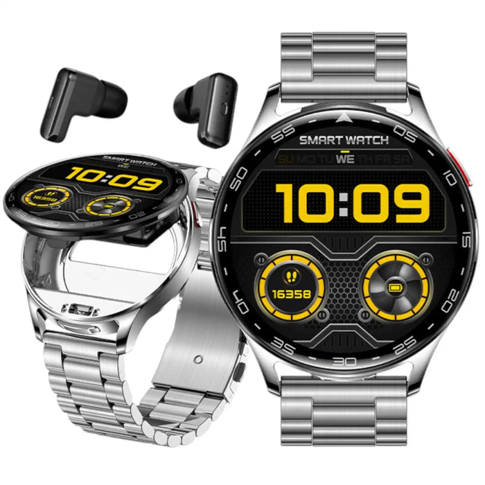 Silver T9 smart watch with digital yellow-black display showing time 10:09, step count, and battery, with matching black wireless earbuds TUTT