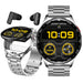 Silver T9 smart watch with digital yellow-black display showing time 10:09, step count, and battery, with matching black wireless earbuds TUTT