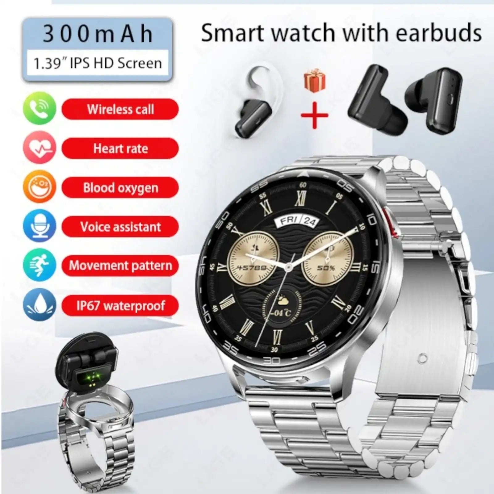 Smartwatch with 1.39" IPS HD screen and metal band, includes wireless earbuds, 300mAh battery, heart rate, blood oxygen, voice assistant, waterproof IP67 TUTT