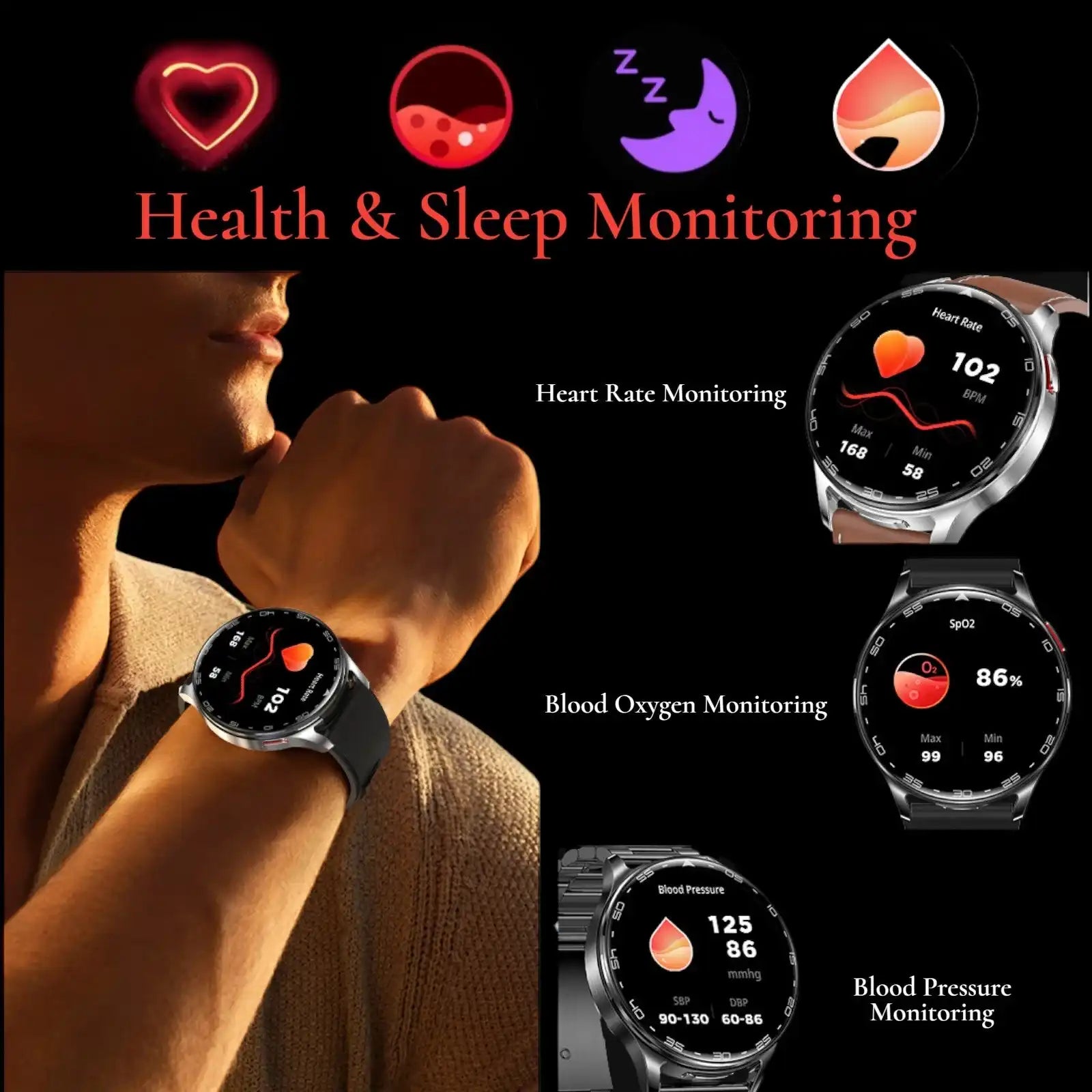 Man wearing smartwatch showing heart rate, blood oxygen, and blood pressure monitoring on black background Health & Sleep Monitoring TUTT