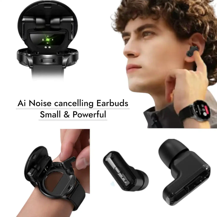 Black AI noise cancelling earbuds stored in a smartwatch charging case, worn by a man adjusting an earbud, showcasing small and powerful wireless earbuds TUTT