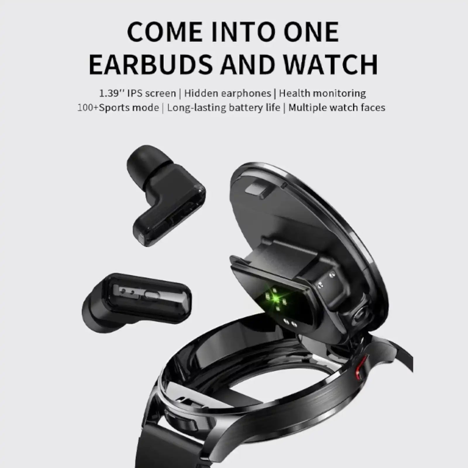Black smartwatch with a flip-top case holding hidden wireless earbuds, featuring health monitoring lights and a sleek strap TUTT