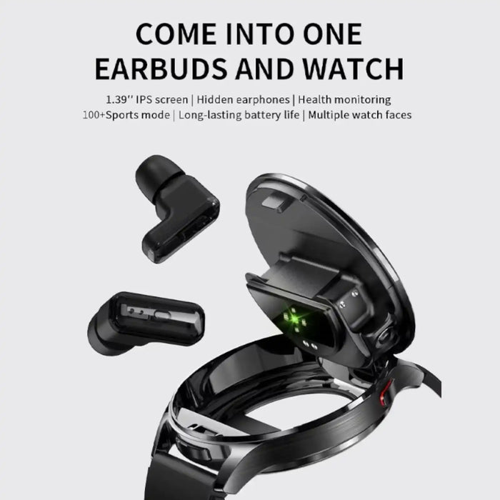 Black smartwatch with a flip-top case holding hidden wireless earbuds, featuring health monitoring lights and a sleek strap TUTT