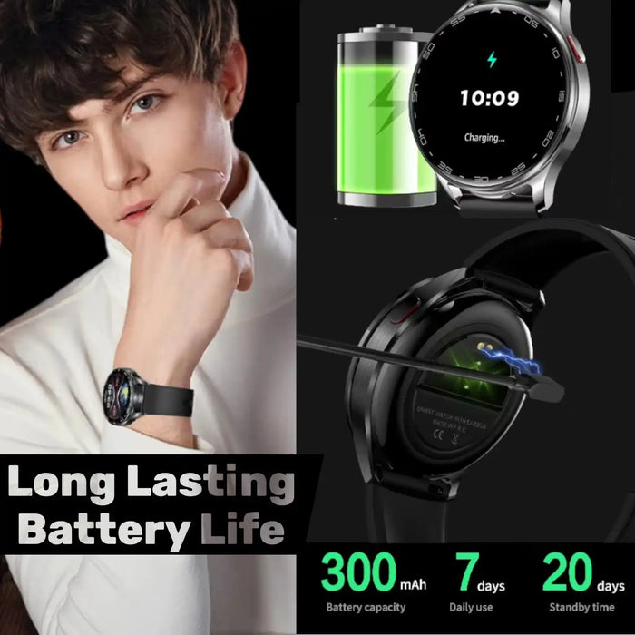 Smartwatch on male model's wrist highlighting long lasting 300mAh battery, 7 days use, 20 days standby TUTT