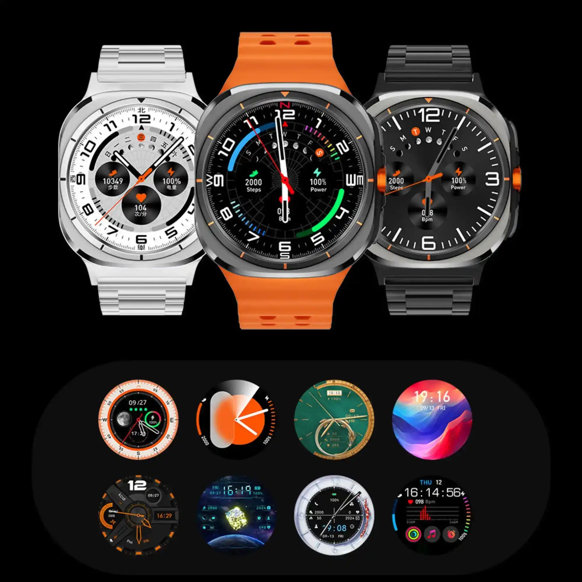 Three TUTT U8 4G GPS smart watches in silver, orange, and black with multiple watch face designs, TUTT