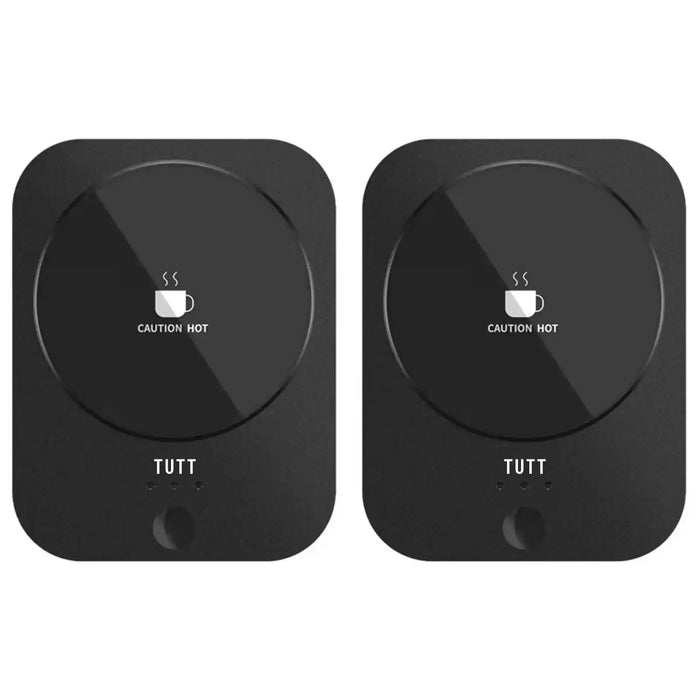 Pair of black USB coffee warmers with caution hot symbol and TUTT branding TUTT