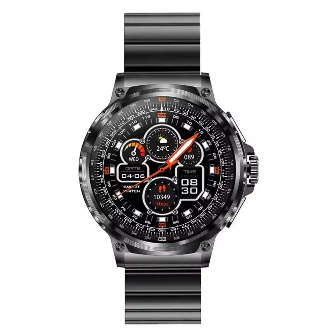 TUTT V69 smart watch with black metal band, round display, and fitness tracking features TUTT