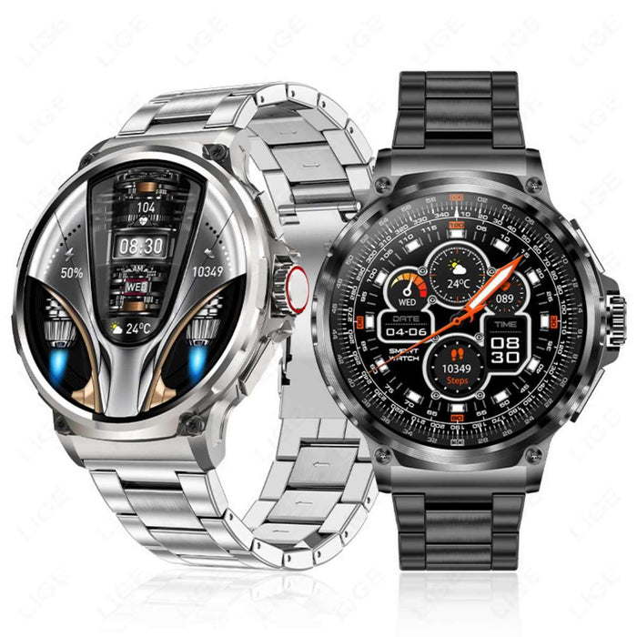 Two LIGE smart watches with metal bands, digital displays, and futuristic designs, TUTT