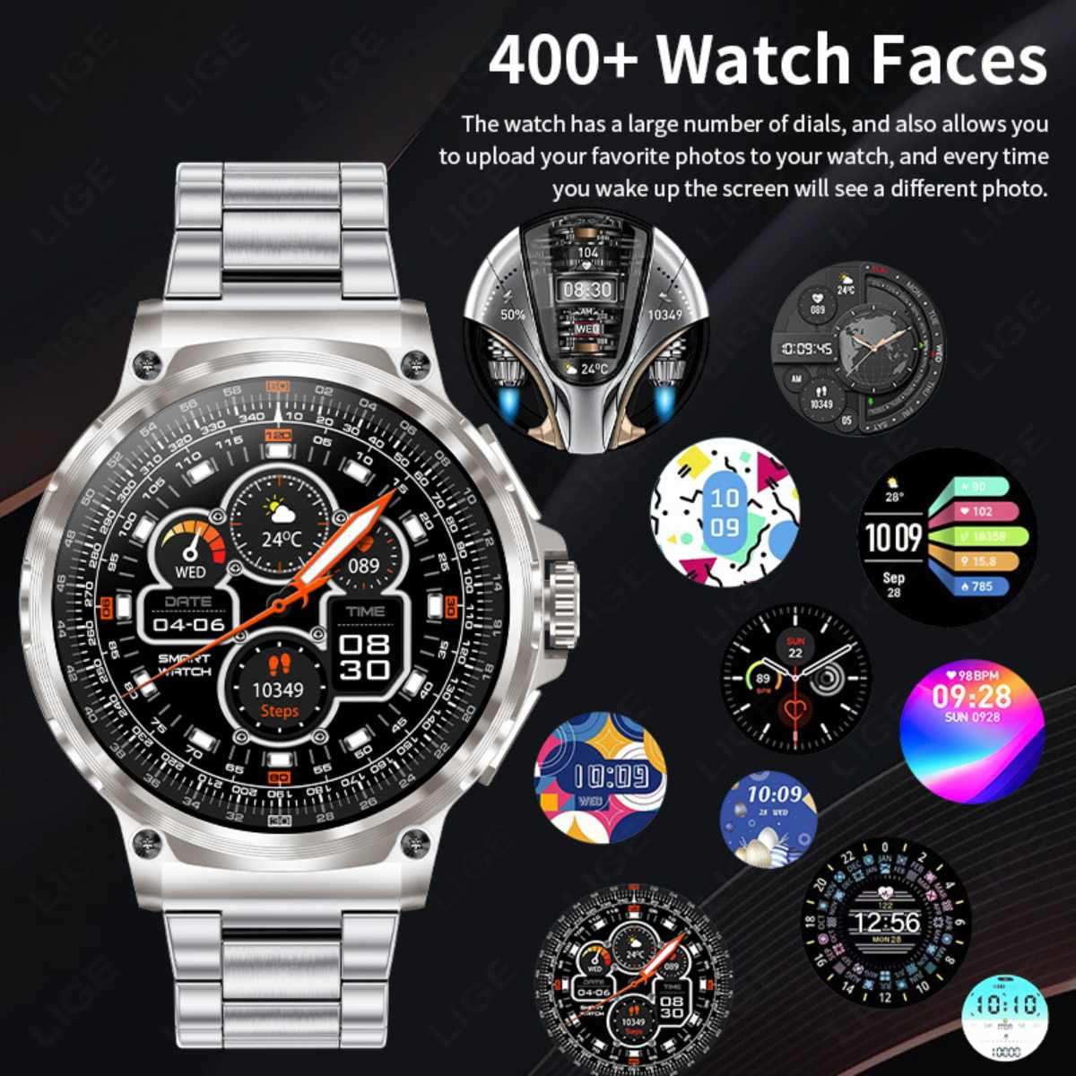 Silver smart watch with stainless steel band, detailed digital display, and multiple colorful watch face options, 400+ watch faces shown, TUTT