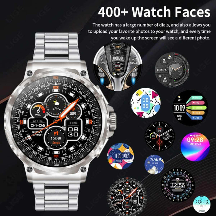 Silver smart watch with stainless steel band, detailed digital display, and multiple colorful watch face options, 400+ watch faces shown, TUTT