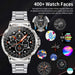 Silver smart watch with stainless steel band, detailed digital display, and multiple colorful watch face options, 400+ watch faces shown, TUTT