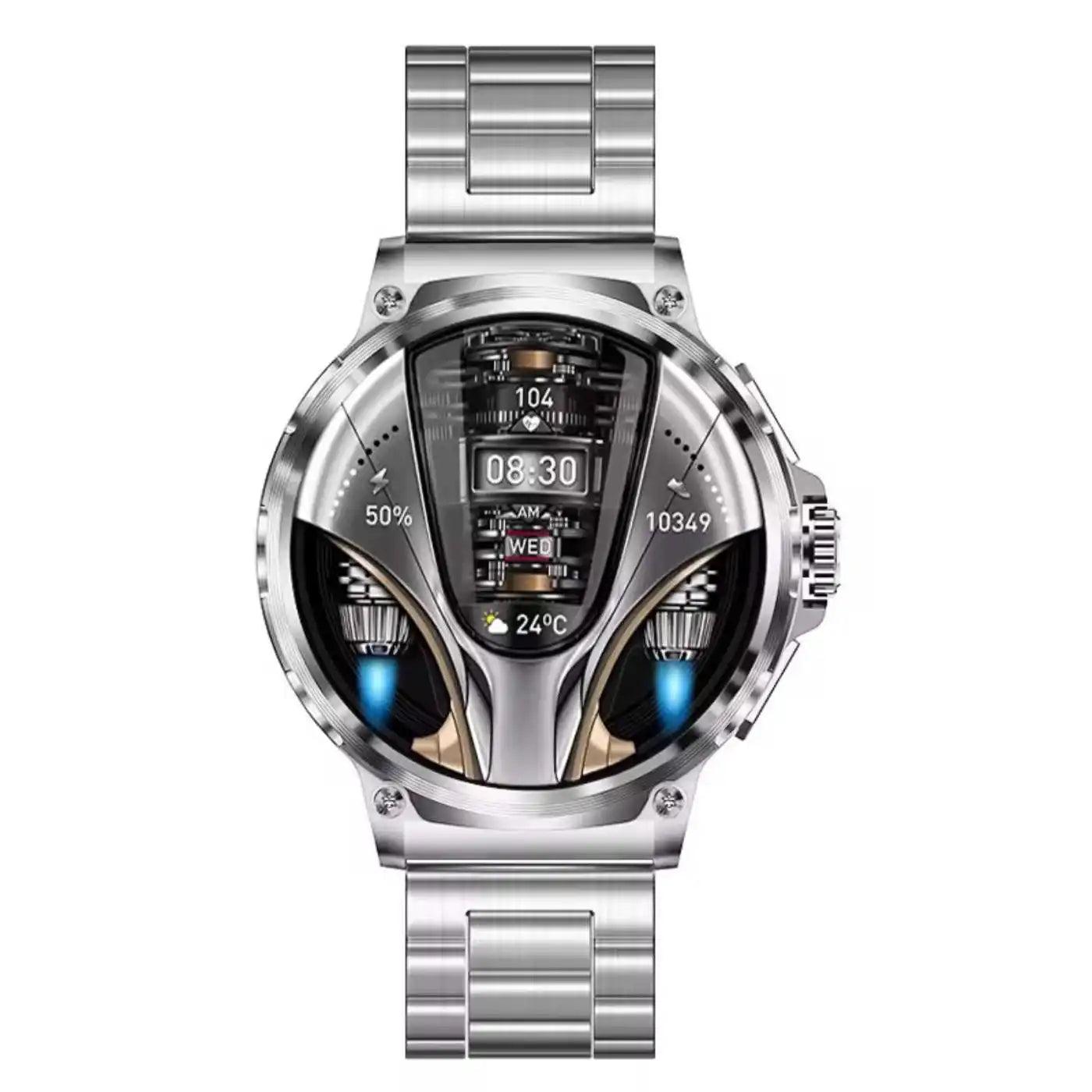 Futuristic silver smart watch with metallic band, digital display, and intricate dial details TUTT