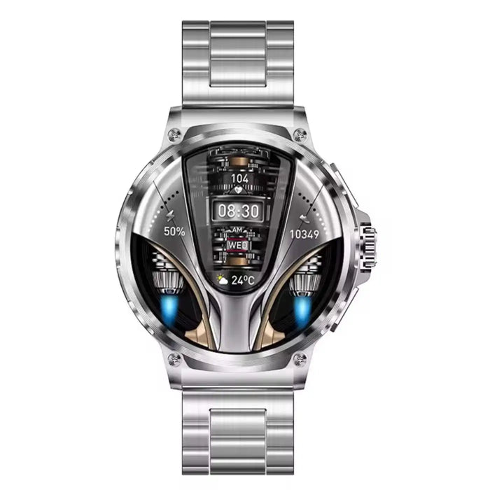 Futuristic silver smart watch with metallic band, digital display, and intricate dial details TUTT