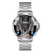 Futuristic silver smart watch with metallic band, digital display, and intricate dial details TUTT
