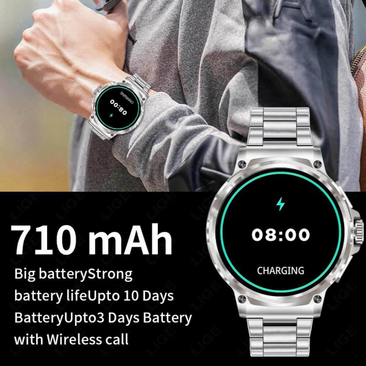 Silver smart watch with charging screen, 710mAh battery, wireless call features, TUTT