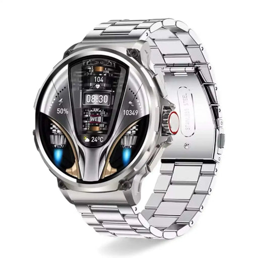 Futuristic silver smart watch with digital display and metal band on white background TUTT