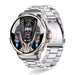 Futuristic silver smart watch with digital display and metal band on white background TUTT