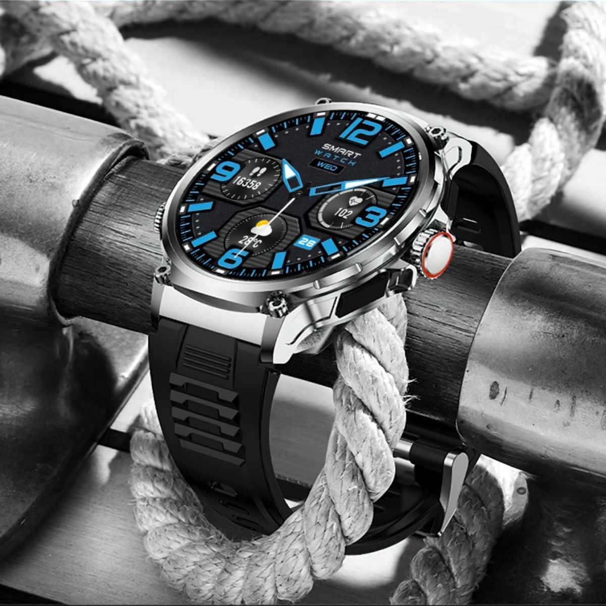 Sleek black and silver smart watch with blue digital display on nautical rope, modern design TUTT