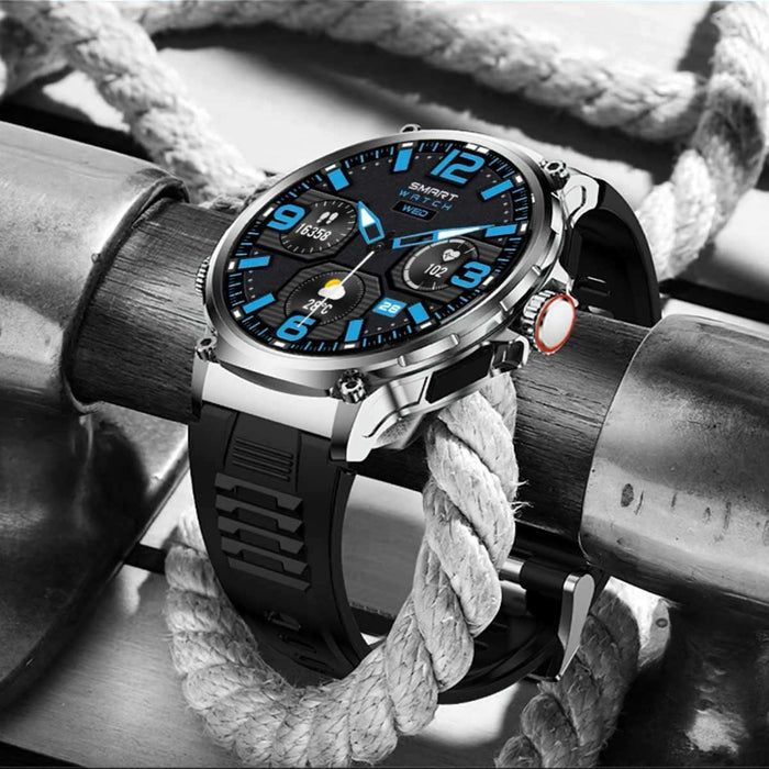 Sleek black and silver smart watch with blue digital display on nautical rope, modern design TUTT