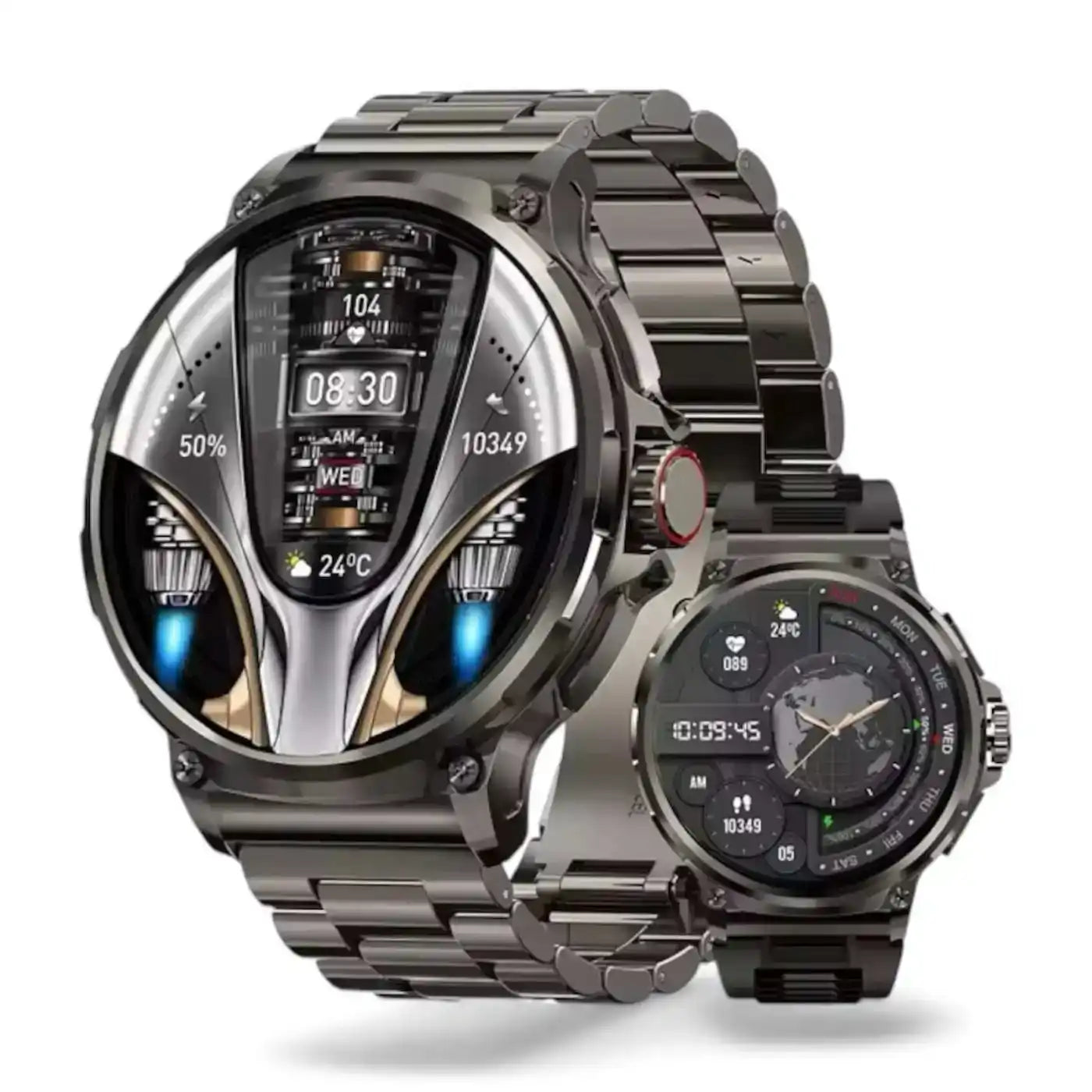 Metallic smart watch with futuristic digital display and health metrics, on silver band, TUTT