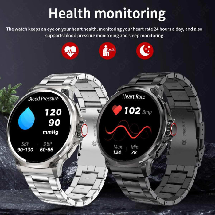 Stainless steel smart watches displaying blood pressure and heart rate health monitoring TUTT