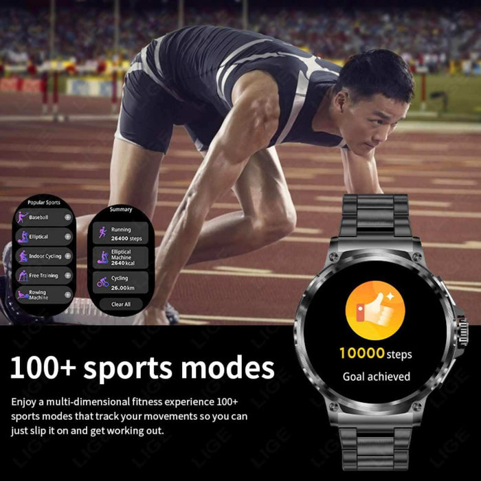 Athlete at track start with TUTT V69 smart watch, 10,000 steps goal, 100+ sports modes. TUTT