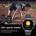 Athlete at track start with TUTT V69 smart watch, 10,000 steps goal, 100+ sports modes. TUTT