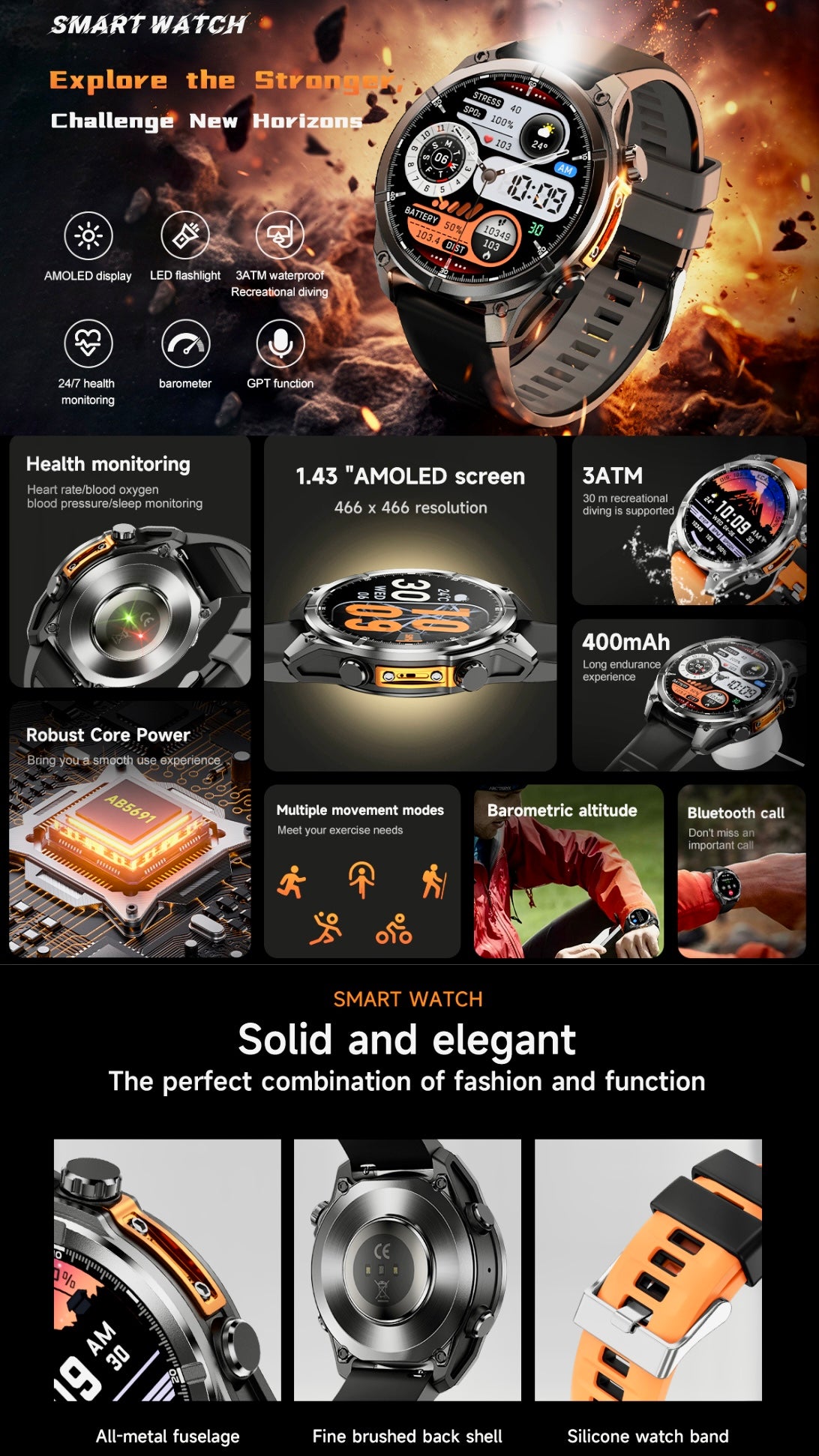 TUTT Tactical Smart Watch For Men | 1.43 Dial | Compass Flashlight Chat-GPT 3TAM Waterproof | Rugged Fitness and Health Tracker | H300 Smartwatch 400mAh Battery