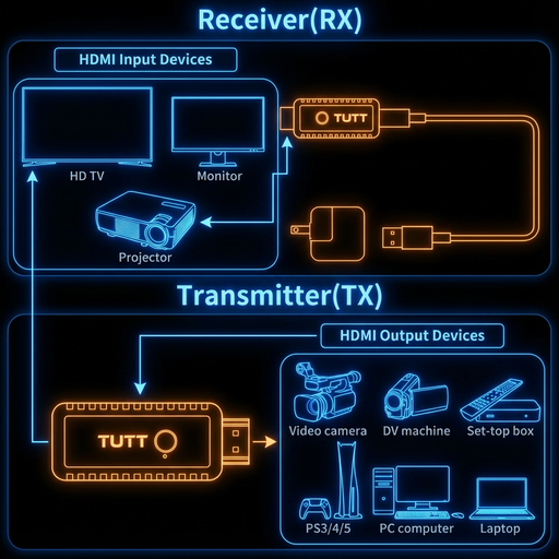 Diagram of HDMI signal flow with 'TUTT' equipment on a dark background