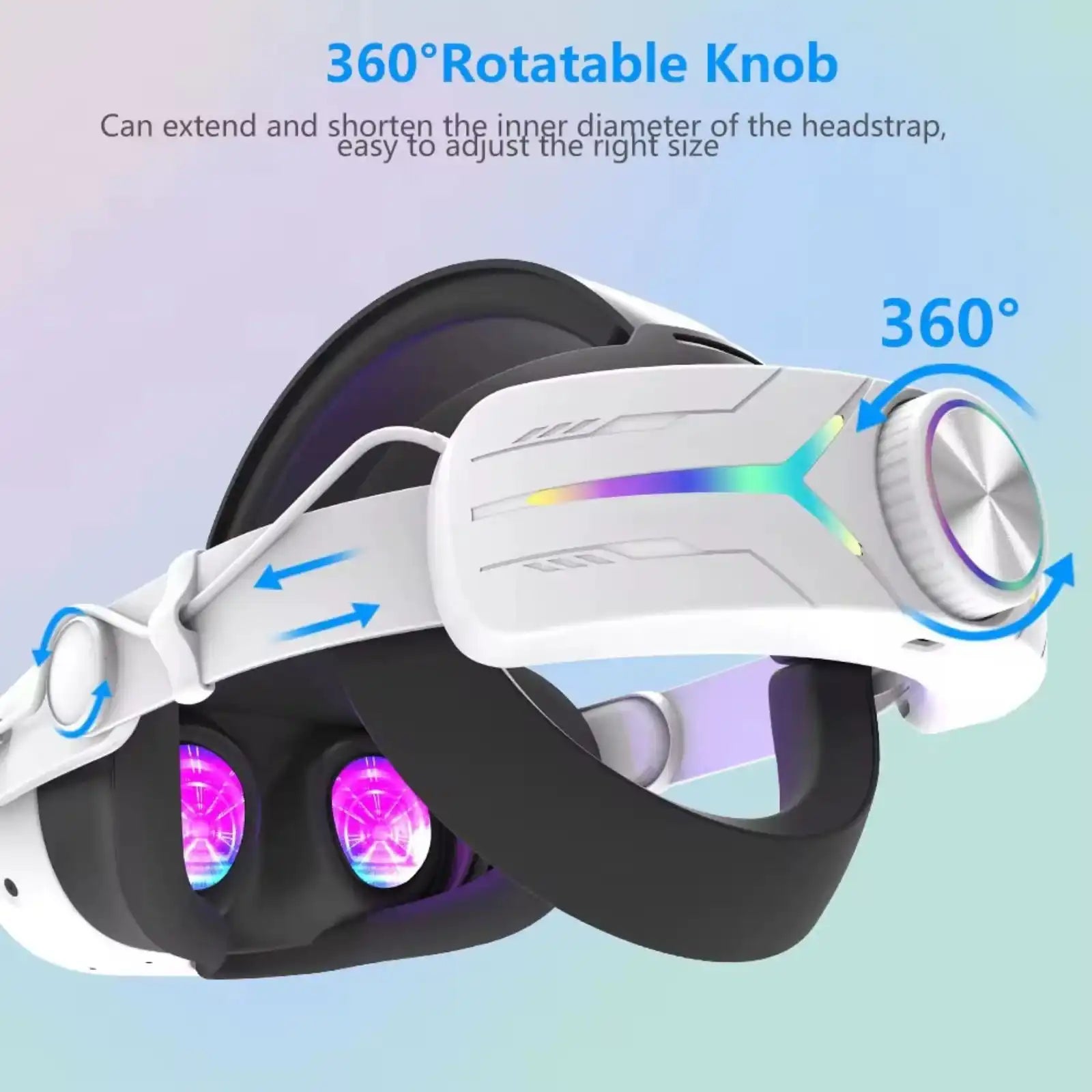 White VR head strap with RGB lighting and 360° rotatable adjustment knob for Meta Quest. TUTT