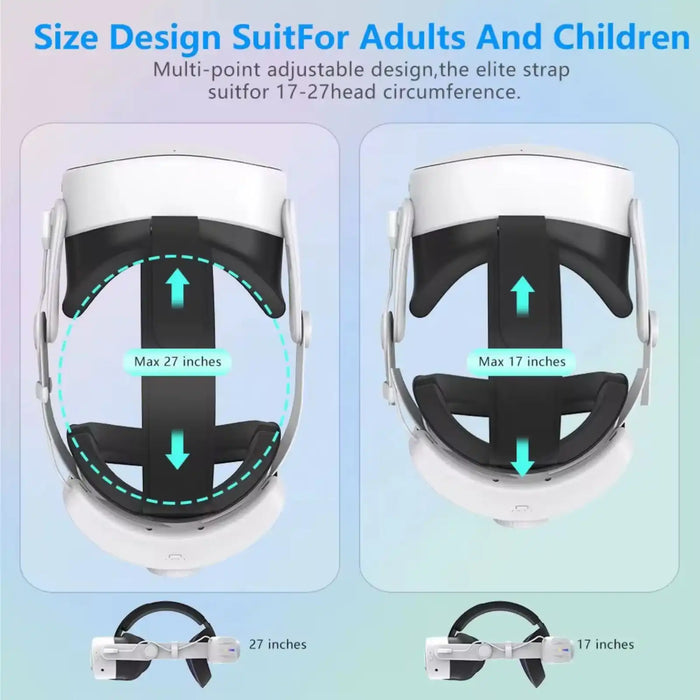 Adjustable VR head strap for Meta Quest, fits 17-27 inch head sizes, black and white design, TUTT