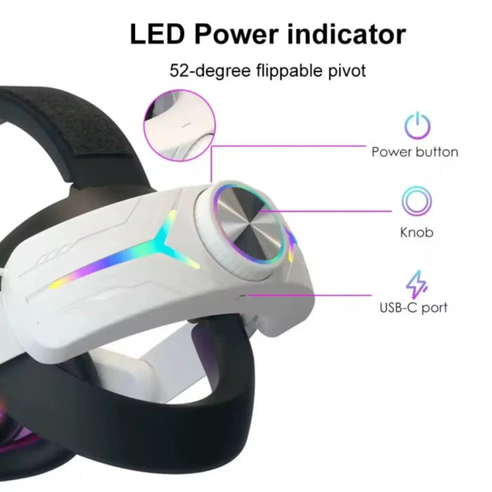 Adjustable VR head strap with RGB lighting, USB-C port, knob, and LED power indicator for Meta Quest, TUTT