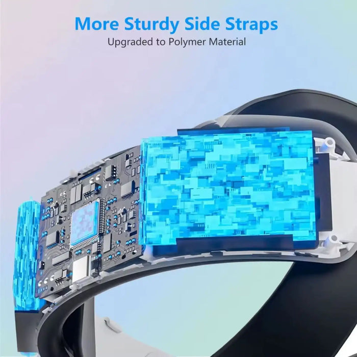 Close-up of VR head strap with blue RGB lighting and sturdy polymer side straps, TUTT