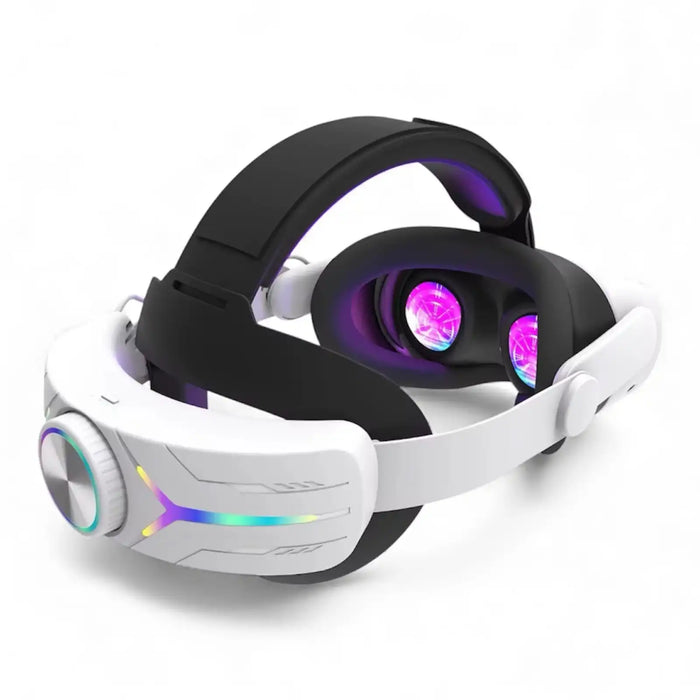 White VR head strap with RGB lighting and adjustable black band for Meta Quest. TUTT