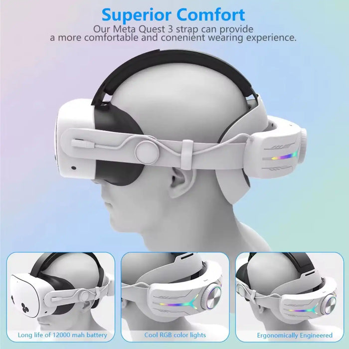 Meta Quest 3 VR head strap with RGB lighting, adjustable headband, 12000mAh battery, TUTT