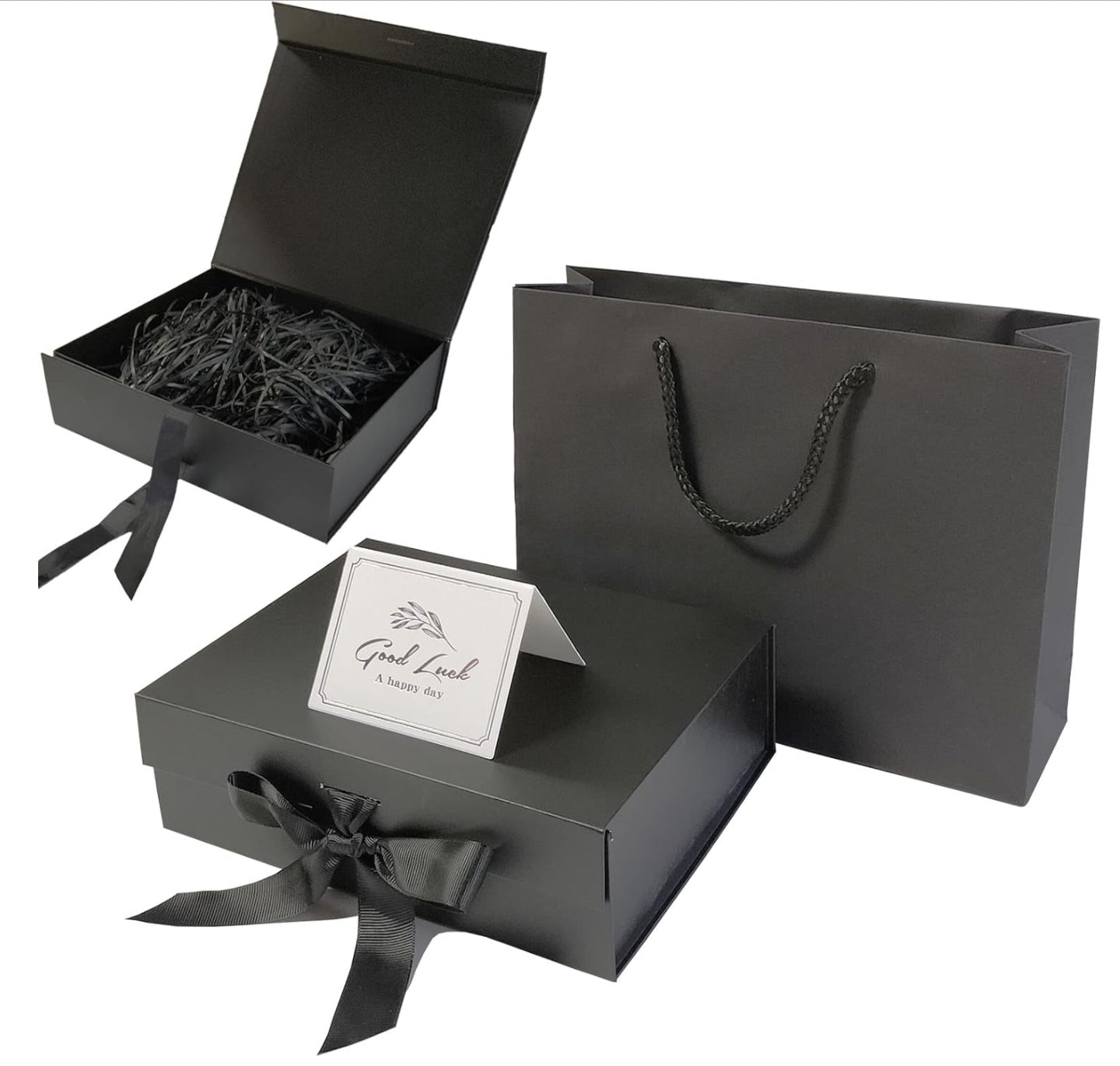 Black Gift Box with Lids, Magnetic Gift Wrap Box 9x6.7x2.75 Inches with Gift Bag Ribbon Shredded Paper Greeting Card, Luxury Packaging Box Set for Christmas Wedding Birthdays(1PCS) - TUTT