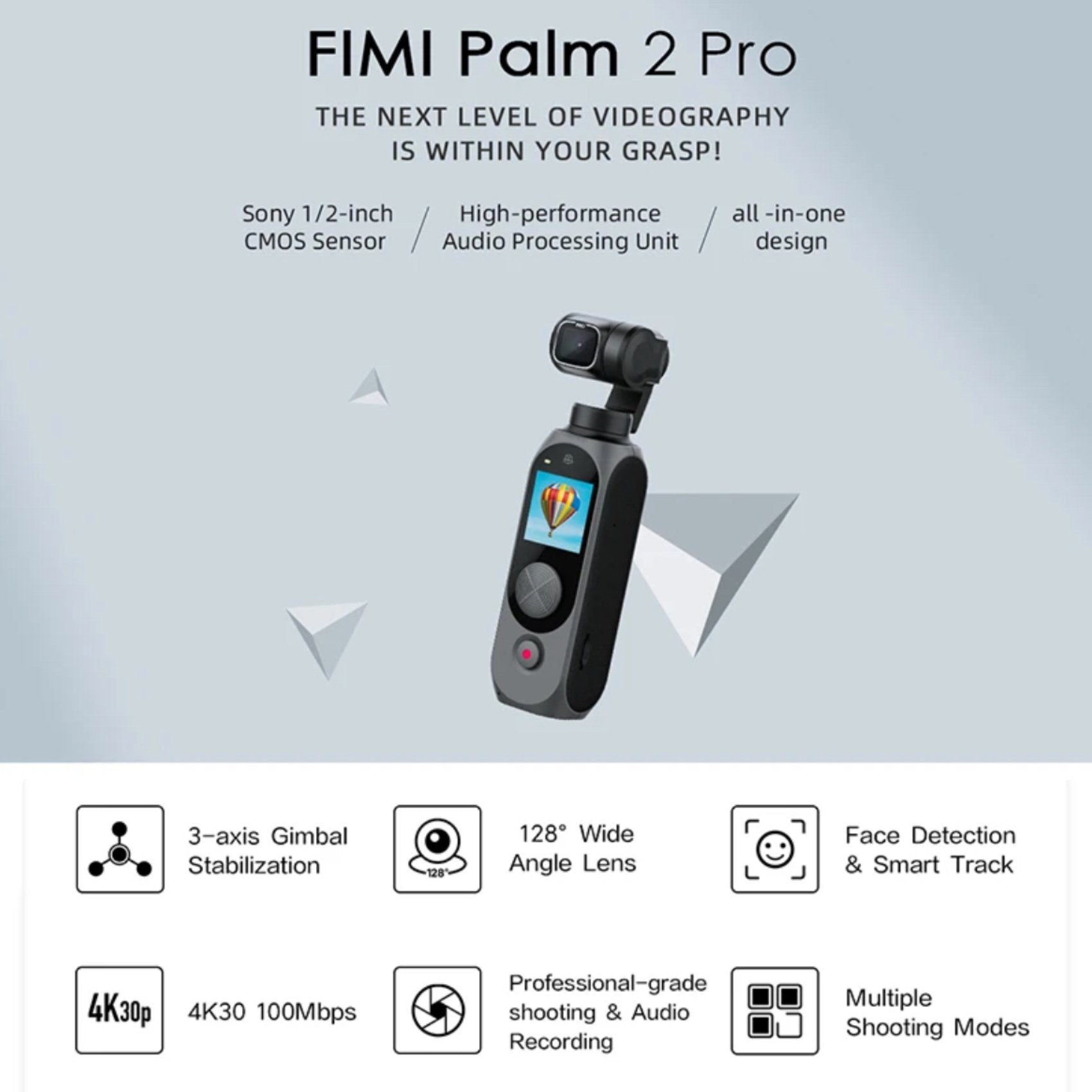 FIMI Palm 2 Pro (Upgraded) 3-axis Handheld Stabilized Gimbal Pocket Camera 1/2 Inch, Sensor 4K 30fps - TUTT