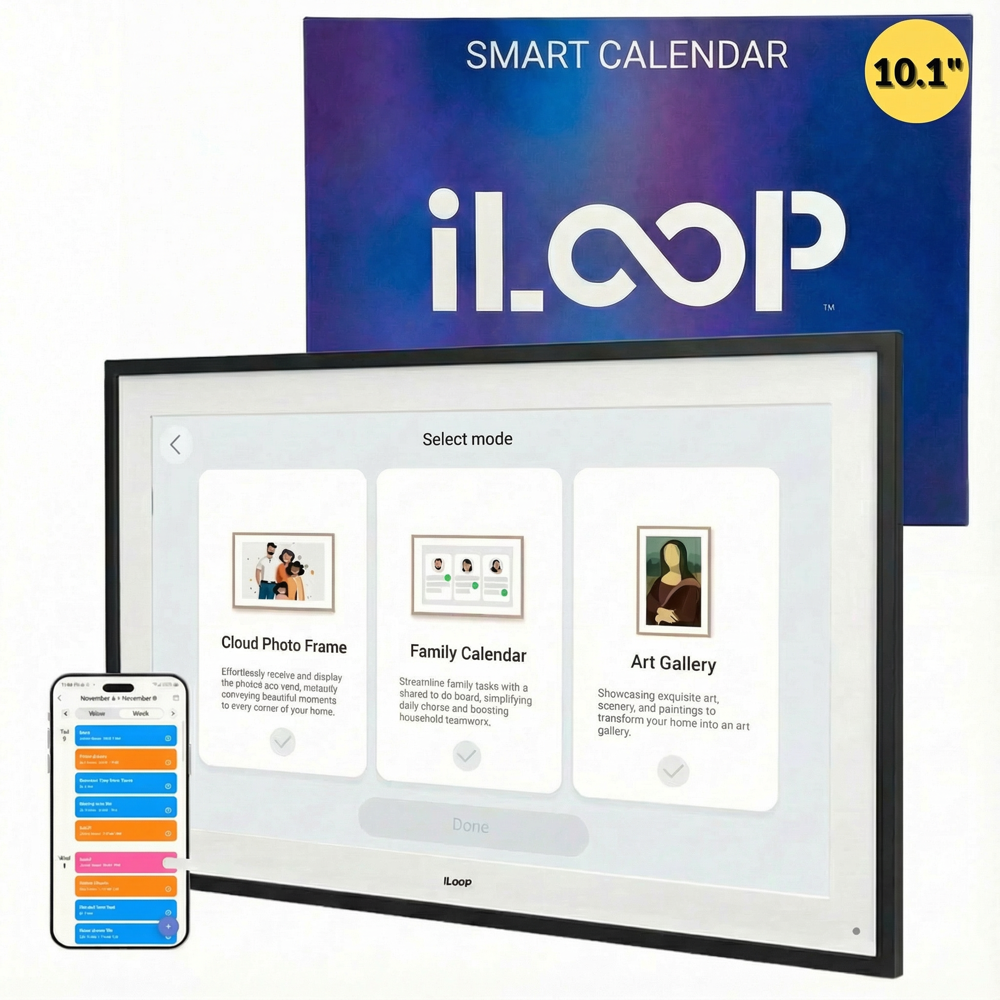 iLoop 10.1” Digital Calendar 32GB | 3 Modes: Calendar, Wi-Fi Photo and Video Frame & Art Gallery | Touchscreen