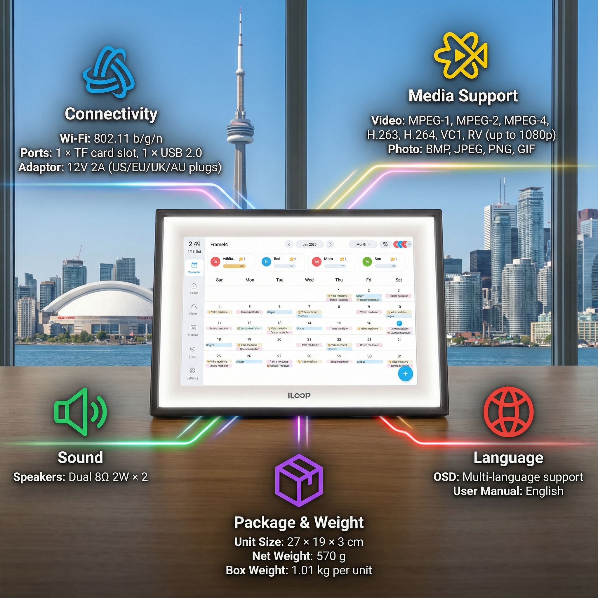 iLoop 10.1” Digital Calendar 32GB | 3 Modes: Calendar, Wi-Fi Photo and Video Frame & Art Gallery | Touchscreen