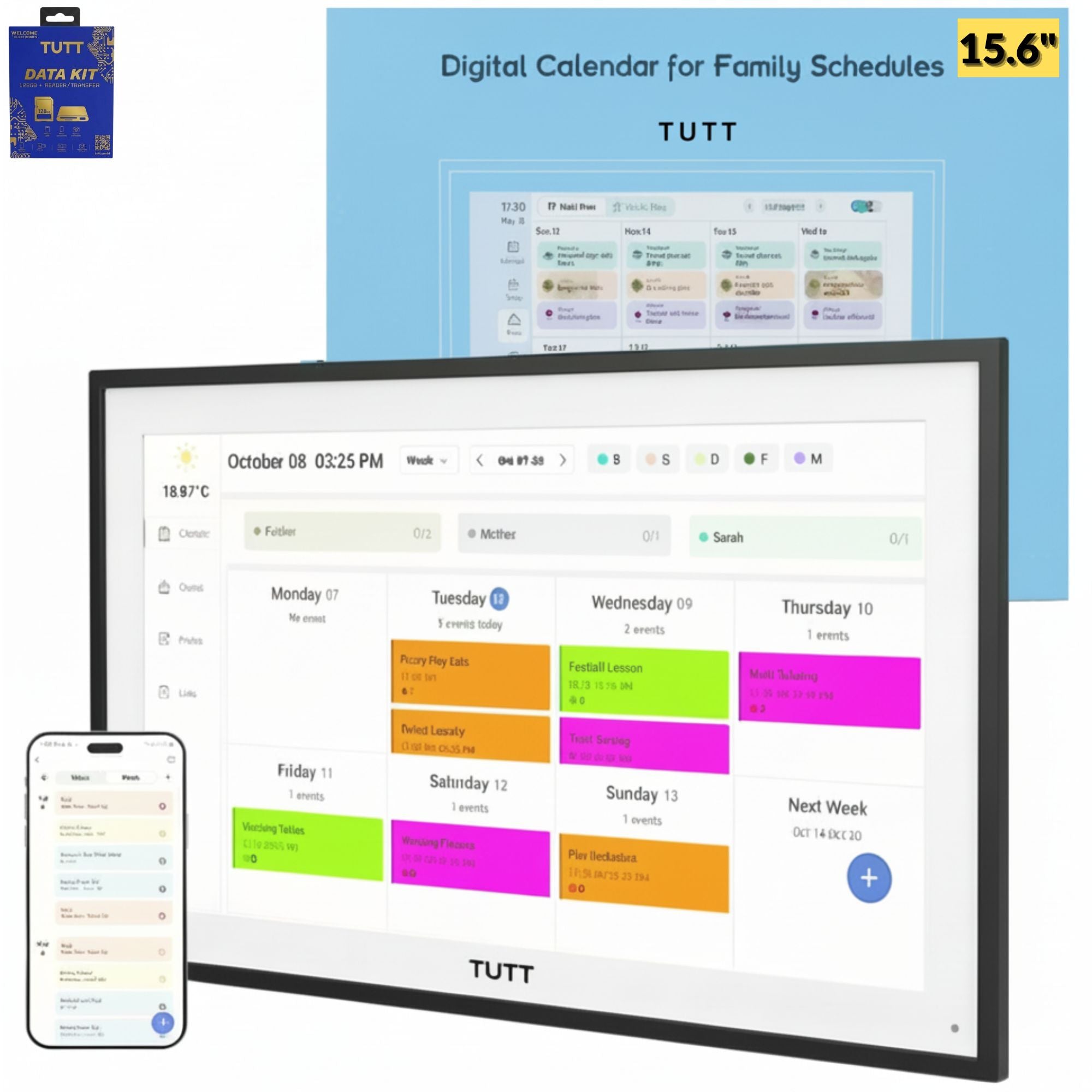 TUTT 15.6” Smart Digital Calendar & Chore Chart | Photo and Video Frame | Smart Touchscreen Display Family Organizer | 32+128GB SD Data Kit