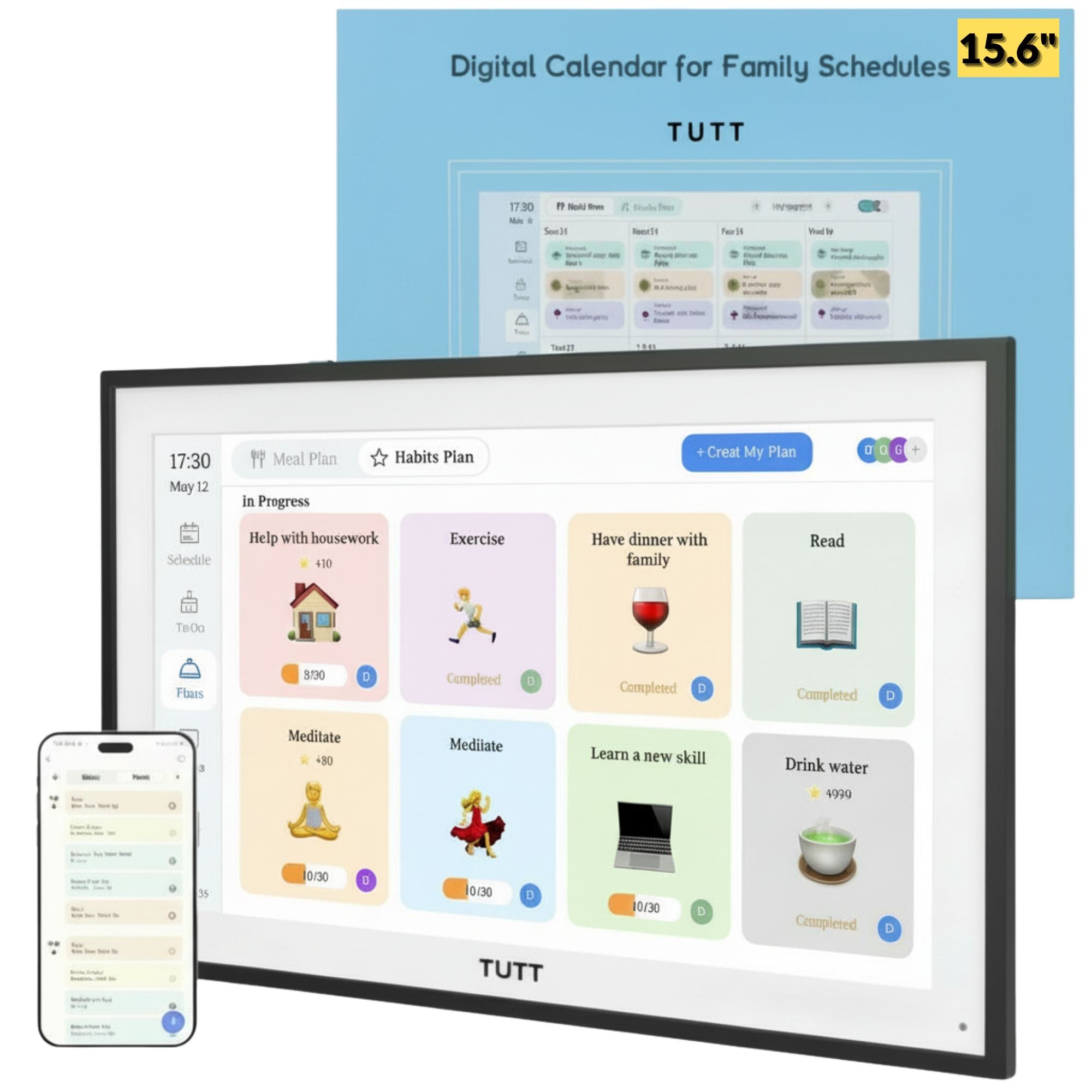 TUTT 15.6” Smart Digital Calendar & Chore Chart | Photo and Video Frame | Smart Touchscreen Display Family Organizer | 32+128GB SD Data Kit