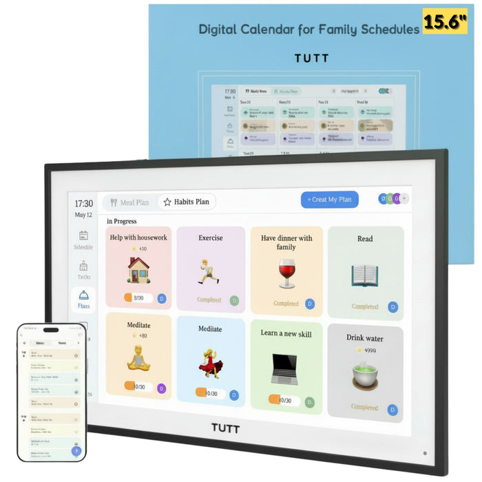 TUTT 15.6” Smart Digital Calendar & Chore Chart | Photo and Video Frame | Smart Touchscreen Display Family Organizer | 32+128GB SD Data Kit