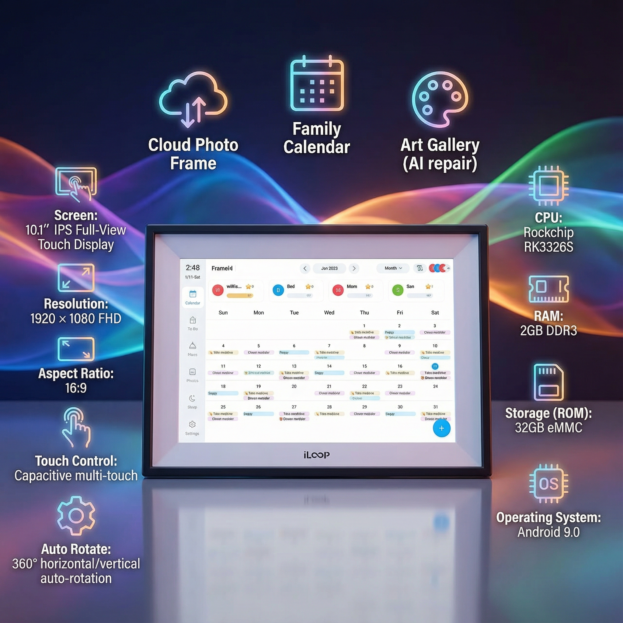 iLoop 10.1” Digital Calendar 32GB | 3 Modes: Calendar, Wi-Fi Photo and Video Frame & Art Gallery | Touchscreen