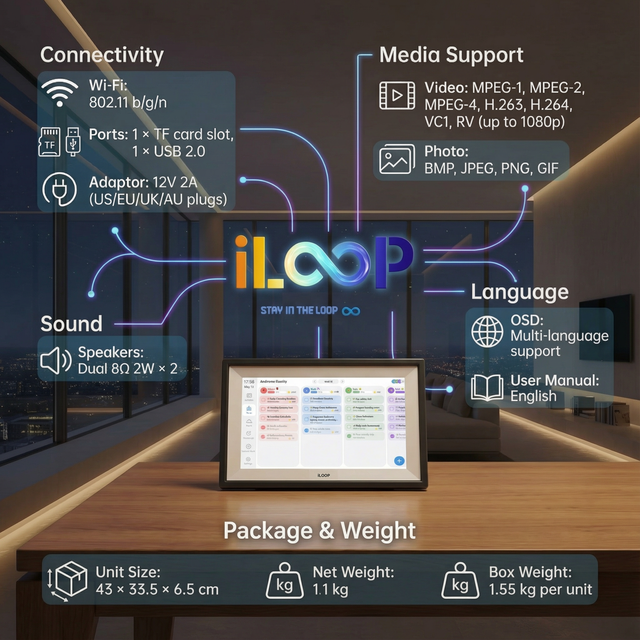 iLoop 15.6” Digital Calendar 32GB | 3 Modes: Calendar, Wi-Fi Photo and Video Frame & Art Gallery | Touchscreen