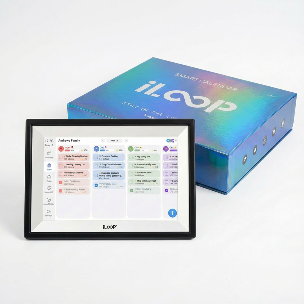 iLoop smart calendar device with its packaging on a white background