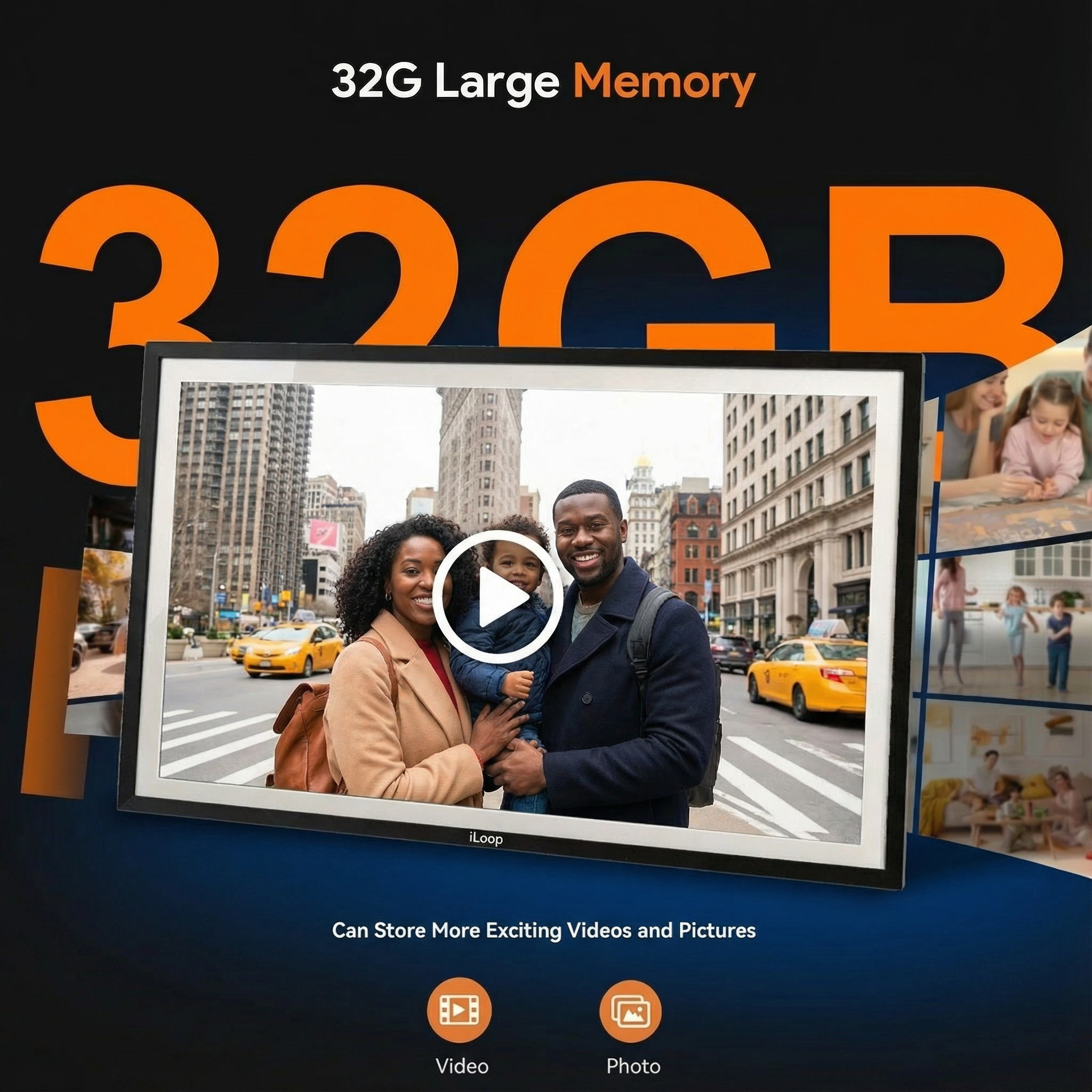 Digital photo frame displaying a family photo with '32GB' text and storage capabilities on a dark background. iLoop