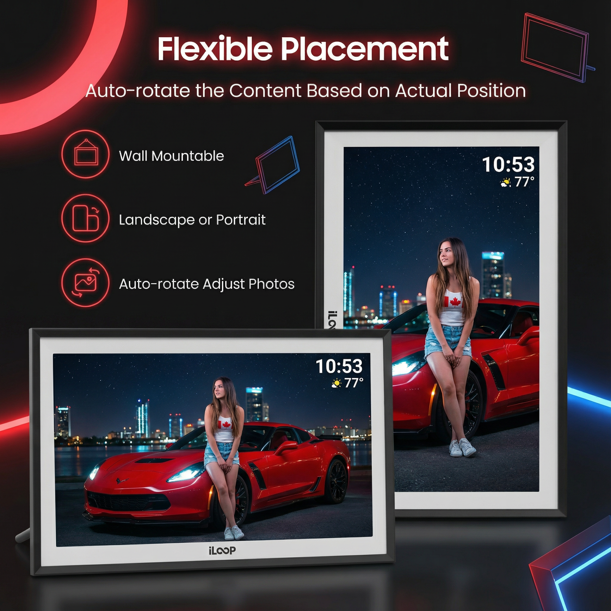 Digital photo frames with a woman and red car, featuring text on flexible placement. iloop 15.6” Digital Photo Frame | WiFi Touch Screen, 32 GB | Frameo App | Tabletop or Wall-Mounted