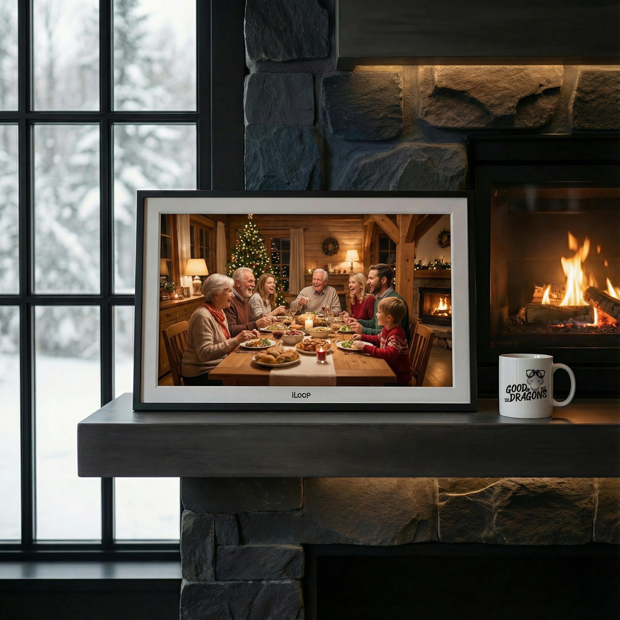 Digital photo frame displaying a family Christmas meal scene in front of a fireplace. iloop 15.6” Digital Photo Frame | WiFi Touch Screen, 32 GB | Frameo App | Tabletop or Wall-Mounted