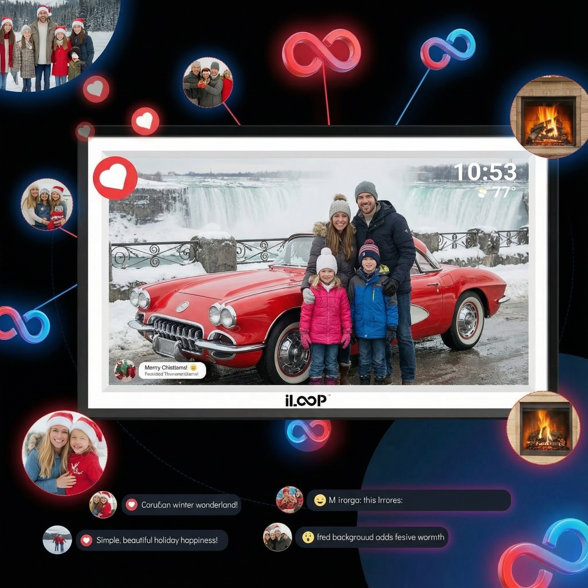 Digital display showing a family with a red car at Niagara Falls, surrounded by social media icons and a fireplace. iloop 15.6” Digital Photo Frame | WiFi Touch Screen, 32 GB | Frameo App | Tabletop or Wall-Mounted