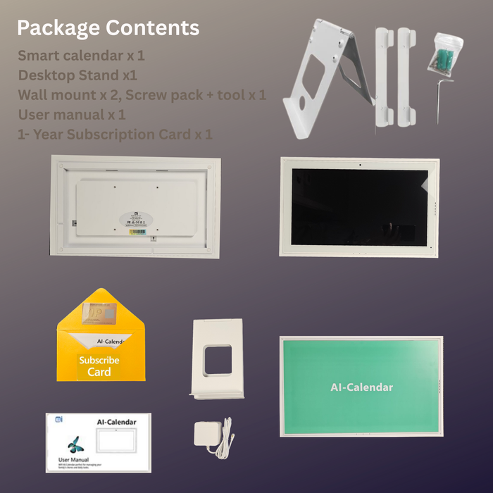 AI calendar package contents including smart calendar front and back, desktop stand, wall mounts with screws and tool, power adapter, user manual, and 1-year subscription card TUTT